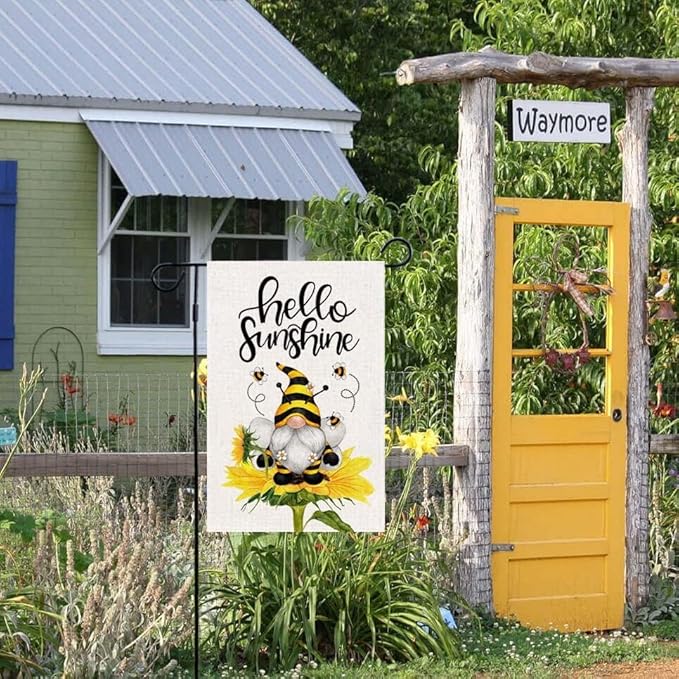 Baccessor Hello Sunshine Spring Garden Flag Sunflower Gnome Bee Funny Flag 12.5 x 18 Inch Double Sided Burlap Yard Small Spring Summer Flag for Outside Decor
