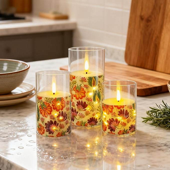 Flickering Flameless Candles, Recessed String Light LED Candles 3D Wick Acrylic Battery Operated LED Pillar Candles with Remote and Timer for Modern Simple Home Decor Set of 3(Floral Printed)