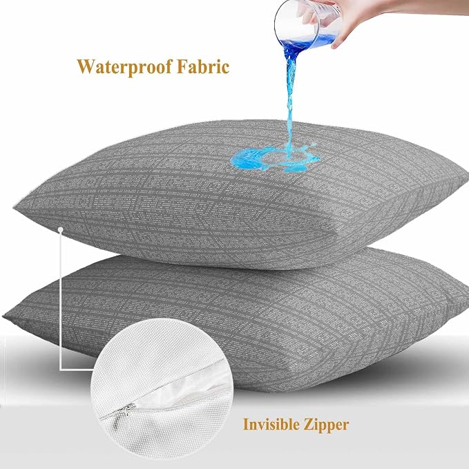 Outdoor Waterproof Throw Pillow Covers Set of 2 Stripes Grain Pillowcases 16x16 Inches Grey Solid Color Decorative Pillows Cushion Case Patio Pillows for Couch Bed Chair Garden