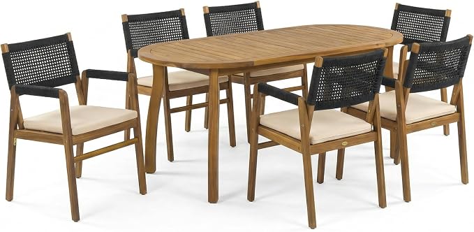 Christopher Knight Home 7 Piece Outdoor Dining Set, 70" Oval Acacia Wood Patio Table with 6 Rope Woven Dining Armchairs with Cushions, Teak Finish Outdoor Table and Chairs for Patio Deck Garden Dining