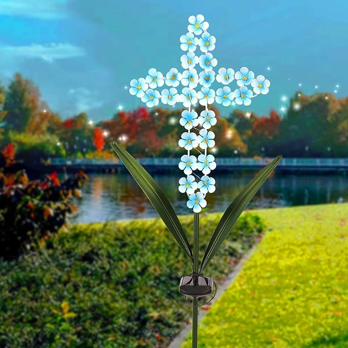 Solar Cross Garden Stake Outdoor Lights, 40 Inch Solar Powered Cross Lights Stake with 24 LED Decorative Flower Lights for Remembrance Gifts