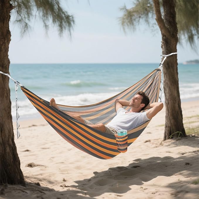 Camping Hammock Outdoor Hammocks for Outside Gray Orange Stripe Beach Trees Portable Lightweight with Pockets Tree Straps Indoor