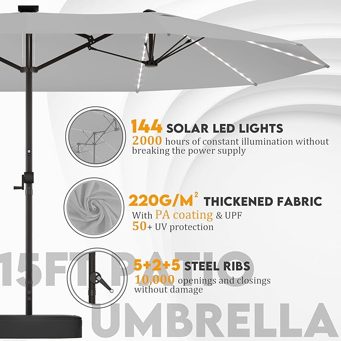 GDPFN 15ft Rectangular Patio Umbrella with Solar LED Lights, Double-Sided Outdoor Market Umbrella with Base Included, Extra Large Shade for Pool, Deck, Backyard, Garden, Light Gray