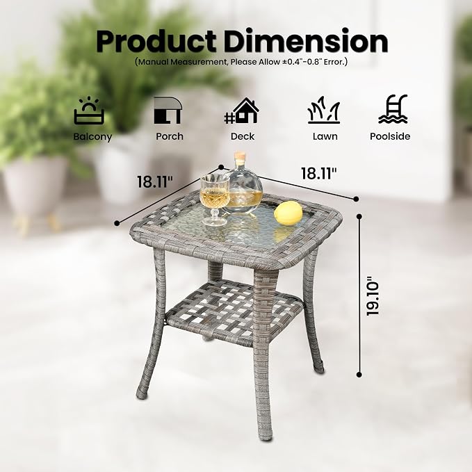 ovios Outdoor Side Table with Tempered Glass Top, Patio Wicker Rattan Bistro Coffee Tables with 2 Tiers Storage for Porch Deck Balcony Garden Poolside, Light Grey