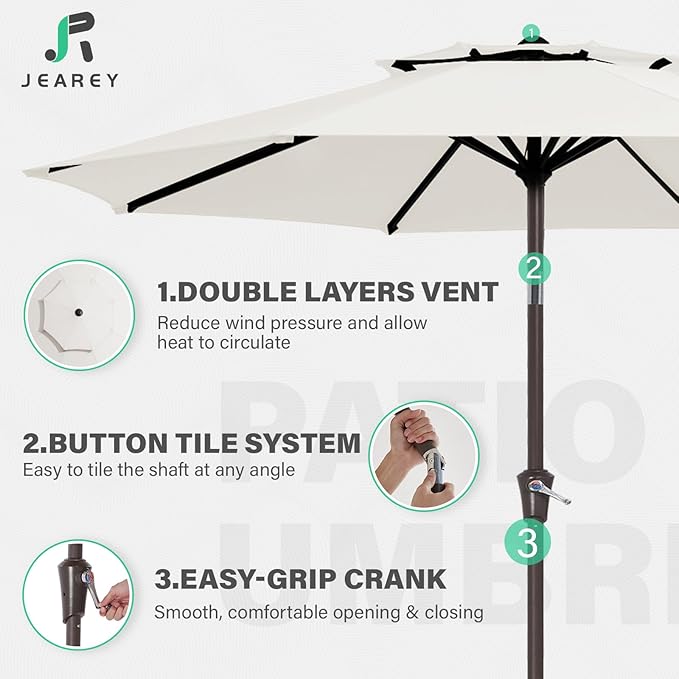 JEAREY 9' 2-Tiers Patio Umbrellas Outdoor Table Market Umbrella w/Push Button Tilt/Crank, 8 Sturdy Ribs, UV Protection Waterproof Sunproof(Cream White)