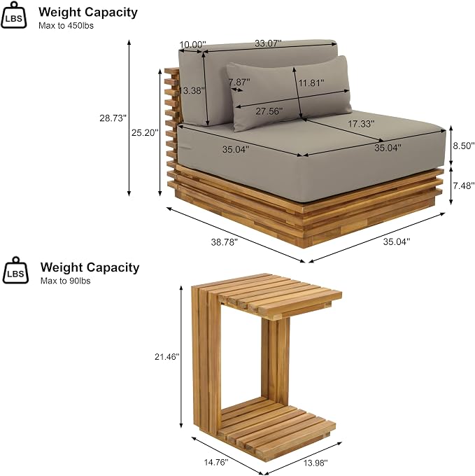Christopher Knight Home Oversized Outdoor 2 Piece Chat Set Acacia Wood Patio Club Chair and Side Table Natural Finish Water Repellent Cushions Deep Seat Patio Furniture Set Beige