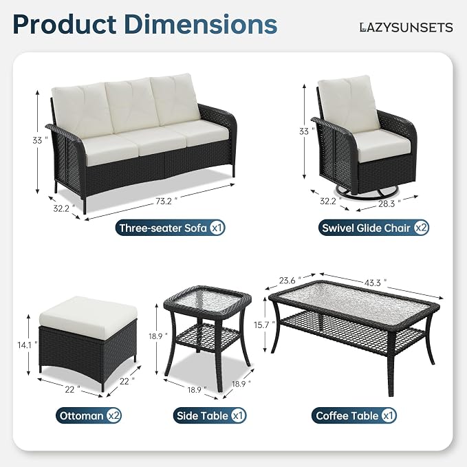 LazySunsets Luxury 9-Piece Patio Furniture Set, 360° Swivel Chairs, Wicker Rattan Sofa with Thick Cushion, Outdoor Conversation Set for Backyard, Poolside & Garden, Black/Beige
