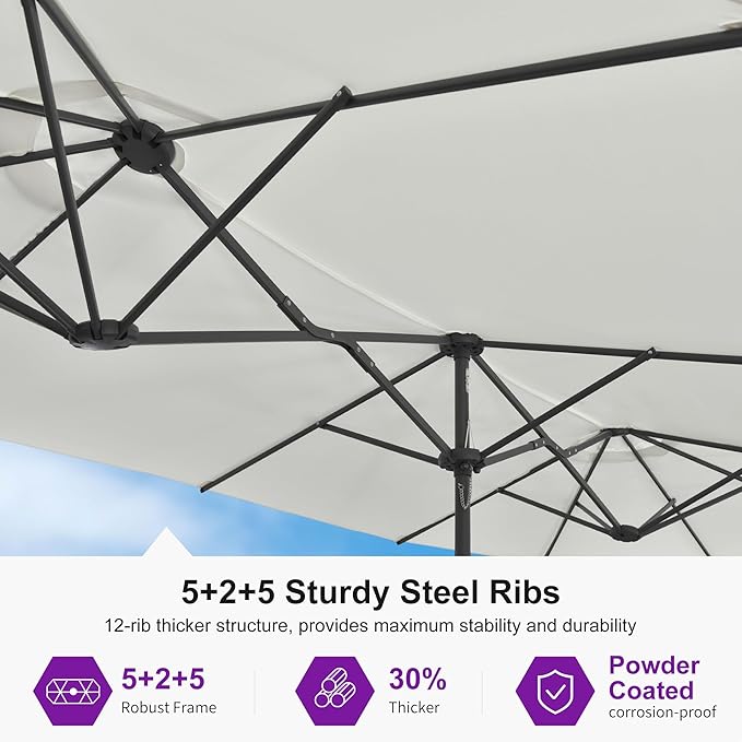 PURPLE LEAF 15ft Patio Market Umbrella with Base Included Double-Sided Rectangle Outdoor Umbrella Table Umbrella with Crank for Pool Garden Deck, Cream