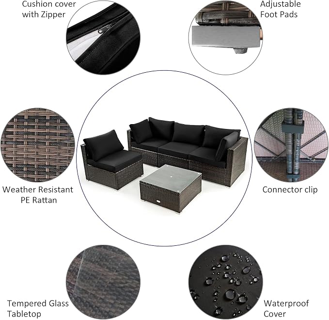 Tangkula 6 Piece Outdoor Rattan Sofa Set with 30in Propane Gas Fire Table, Ceramic Fire Tabletop, 50,000 BTU Heat Output, Cushions & Fire Pit Dust Cover, Patiojoy Weatherproof Wicker Set (Black)