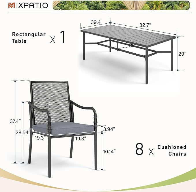 MIXPATIO 9 Piece Patio Metal Dining Set, Outdoor Table and Chairs for 8, Powder-Coating Steel Chairs with 4" Thickened Cushions, 83" Rectangle Table for Deck Backyard with 1.57" Umbrella Hole