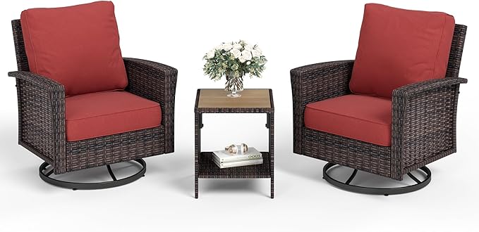 Patio Wicker Swivel Chairs Set of 2, Outdoor High Back Chairs with 5.5" Waterproof Cushions and Side Table, Outdoor Furniture Set for Deck Porch and Yard, Red