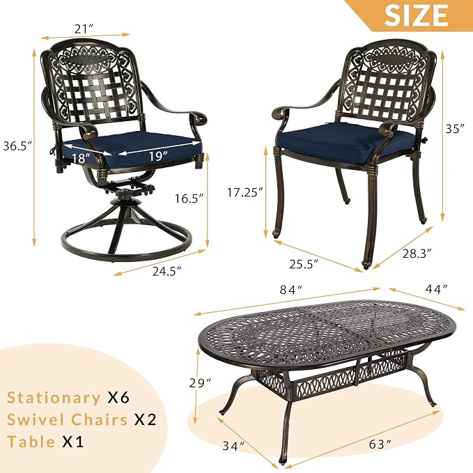9-Piece Patio Dining Set, Outdoor Patio Table and Chair Set of 84” Oval Cast Aluminum Dining Table with Umbrella Hole, 6 Stationary, 2 Swivel Rocker Chairs, Patio Funiture Set, Navy