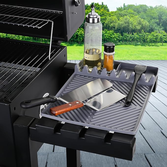 Griddle Mat Barbeque Grill Accessories Tools for Blackstone, Side Shelf Mat Grill Pad for Outdoor Grill Kitchen Counter Spatula Silicone Mat with Drip Pad for Kitchen, Cooking, Countertop (Grey)