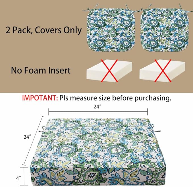 Magpie Fabrics Indoor Outdoor Cushion Cover Replacement 2 Pack, NO Insert! Water Repellent Slipcover with Ties Decor for Patio Garden Chair Seat Sofa Bench Wicker(Botanical Blue Green, 24x24x4 Inch)
