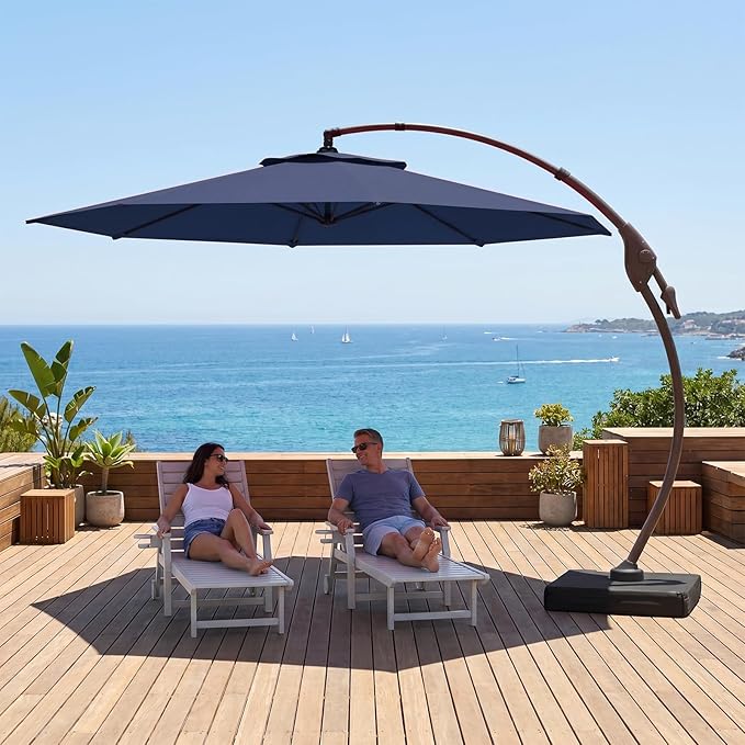 Cantilever Umbrella with Heavy-Duty Base, Outdoor Large Round Aluminum Offset Umbrella for Patio Garden Backyard, UV-Resistant Waterproof Canopy, 360° Rotation & Tilt Adjustment