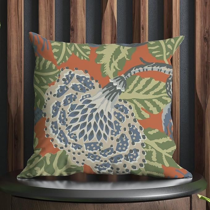 Pillow Cover Navy Blue Floral White Pillow Covers Modern Green and Orange Chinoiserie Pillow Cover Accent Farmhouse Decor Pillow for Patio Furniture Porch 16x16 in