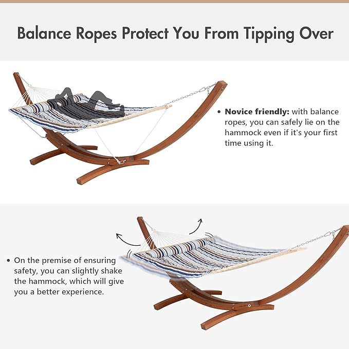 ANOW 13.5FT Curved Wood Stand with Double Hammock, Heavy Duty Larch Wood Arc Stand with 2 Chains, 4 Balance Ropes and 4 Carabiners, Includes Blue Seaside Rope Hammock with Spreader Bars