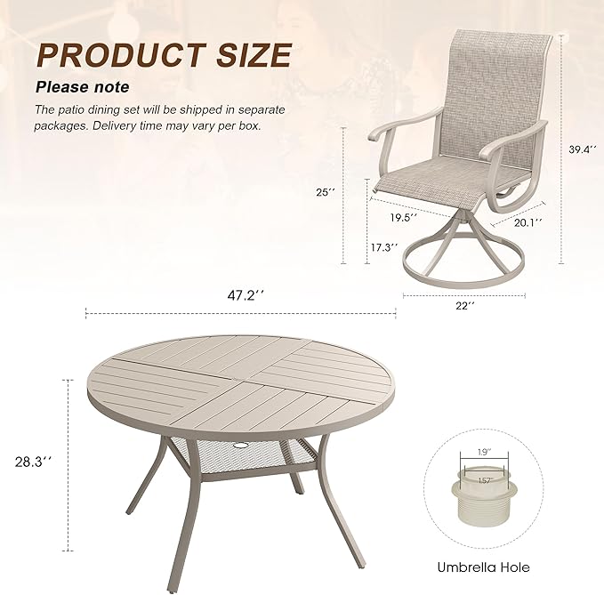 VICLLAX Patio 7 Pieces Outdoor Dining Set, 47.2" Round Metal Table with Umbrella Hole and Storage Shelf, 6 Swivel Textilene Chairs for Lawn, Garden, Porch, Sandshell