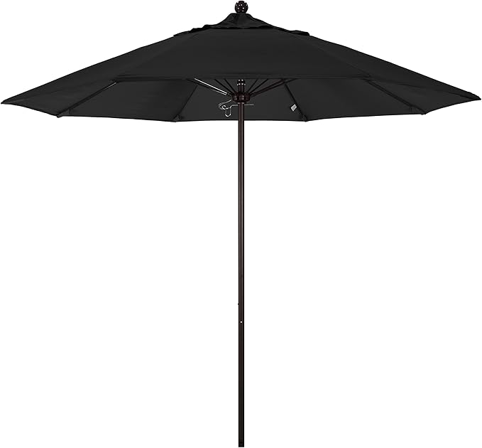California Umbrella 9' Round Aluminum/Fiberglass Umbrella, Push Open, Bronze Pole, Sunbrella Black Fabric