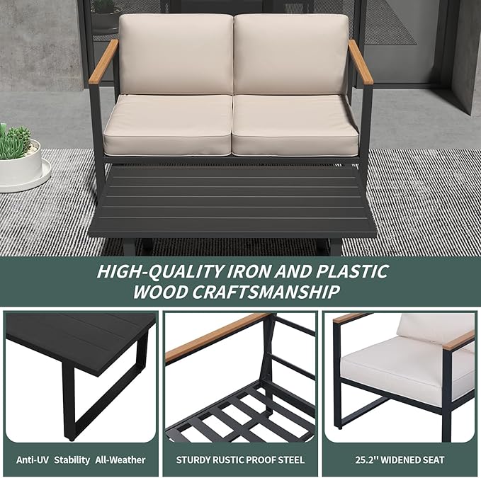 Patio Furniture Set 4-Piece, Outdoor Metal Conversation Set with Thick Washable Cushions, Conversation Set with 2 Chairs & Coffee Table Patio Sectional Furniture for Pool, Garden, Balcony, Beige
