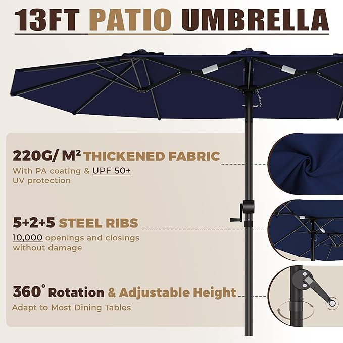 GDPFN 13FT Large Patio Umbrella, Outdoor Deck Standing Umbrella with Crank Handle, Double-Side Rectangular Pool Umbrella for Outside, Market, Patio, Navy Blue (Base Not Include)