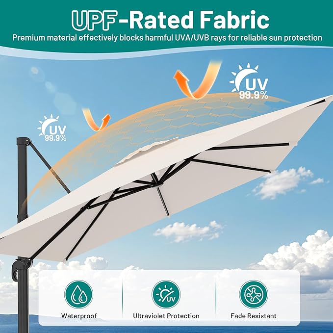 AreShark 8 X 8 FT Cantilever Patio Umbrella, 360-Degree Rotation Round Hanging Offset Umbrella with Crank, Heavy Duty Patio Umbrella for Patio, Pool, Garden, Deck, Cream White