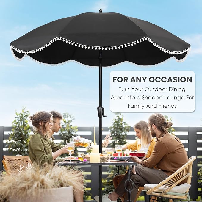 9' Patio Umbrella with Black Canopy and White Fringe Accents, Black Frame Market Umbrella for Patio, Deck, and Backyard by Sun-Ray