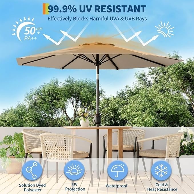 IDEALHOUSE 9FT Outdoor Patio Umbrella, Market Table Umbrella with Crank Lift & Push Button Tilt, Heavy-Duty Iron Frame & Polyester Canopy for Garden, Deck, Backyard, Pool