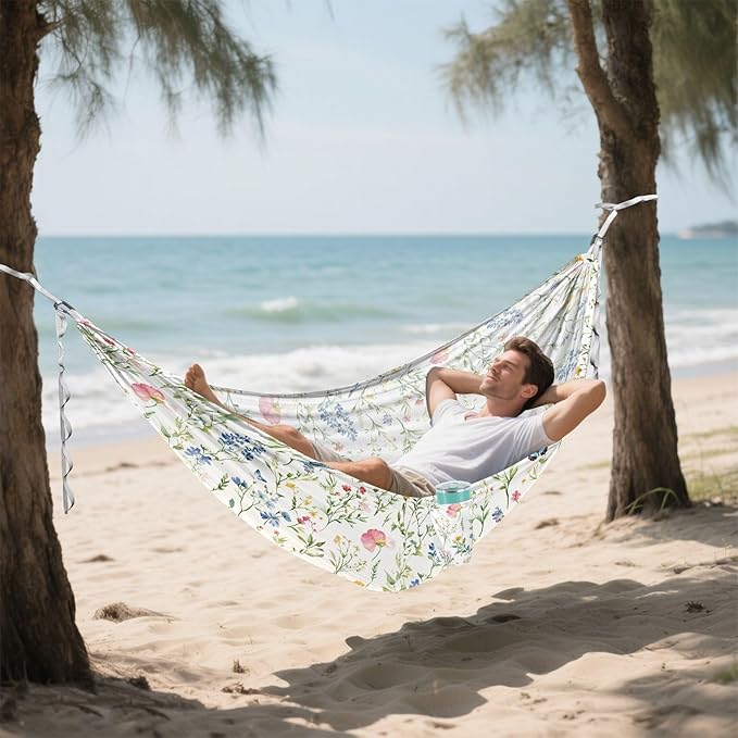 Camping Hammock Outdoor Hammocks for Outside Green Flower Grass Beach Trees Portable Lightweight with Pockets Tree Straps Indoor