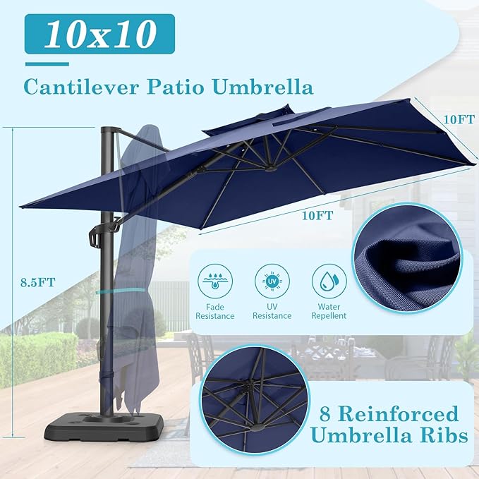 HOTEEL10x10ft Patio Umbrella Cantilever Umbrellas Double Top - Upgrade and Intensify - 360 Rotation and 5 Angles Adjustment - Aluminum Offset Pool Umbrella Outdoor Umbrellas for Patio Garden Pool
