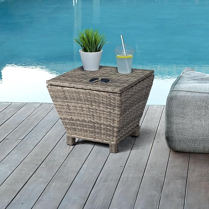 VINGLI Outdoor Side Table with Storage, 13-Gallon Patio Deck Box Outdoor Wicker Side Table for Poolside Balcony Storage Table (Grey, Trapezoid)