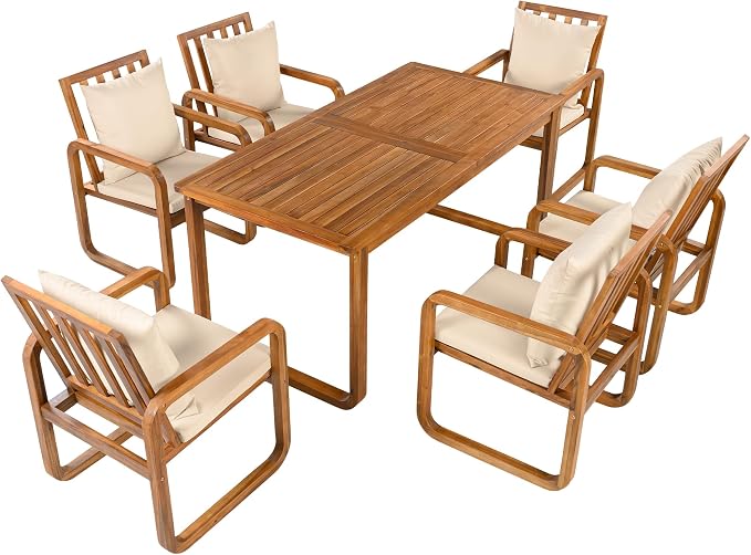Merax 7-Piece Patio Dining Set, Outdoor Acacia Wood Dining Table and Chairs Set with Cushions for Backyard, Garden, Poolside, Brown