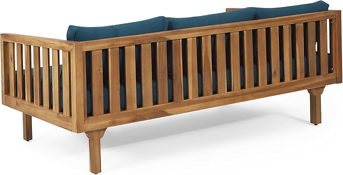 Merax Outdoor Acacia Wood Conversation Set - Patio 3-Seat Loveseat Sofa w/Coushion and Round Coffee Table for Backyard, Lawn, Balcony, Teak+Teal/Light Teak