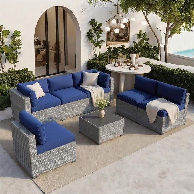 Outdoor Patio Furniture 7-Piece Set, Grey Rattan 6-Seater Conversation Set with Navy Blue Cushions, Includes Coffee Table for Garden, Pool, Balcony, Backyard | Waterproof Fabric & Weatherproof Wicker
