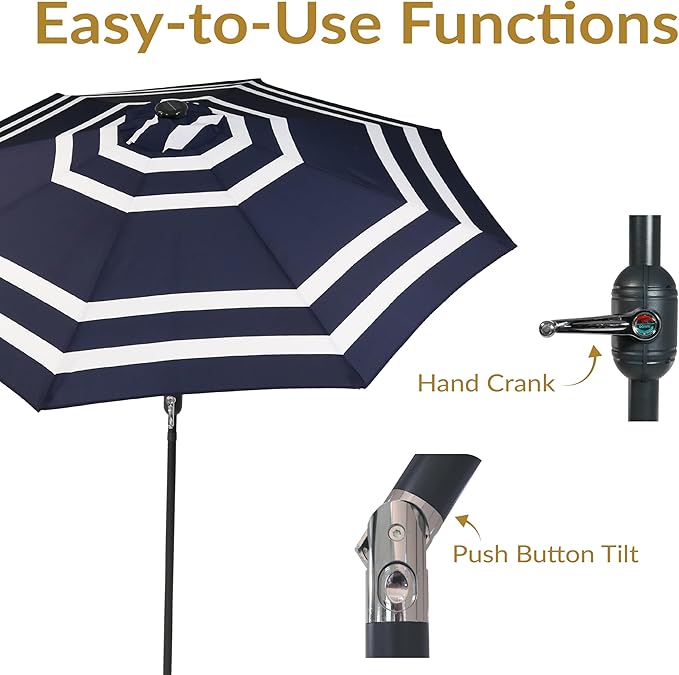 Sunnydaze 9 ft Striped Patio Umbrella with Solar Lights - Polyester LED Table Market Umbrella with Tilt and Crank - Navy Blue Stripe