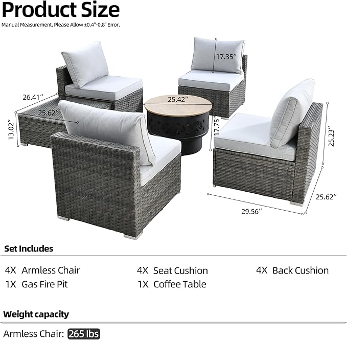 HOOOWOOO 6-Piece Outdoor Wicker Patio Furniture Set, All-Weather Rattan Sectional Sofa Chairs with Fire Pit and Side Table, Modern Garden Conversation Set for Patio, Porch, and Backyard (Grey)