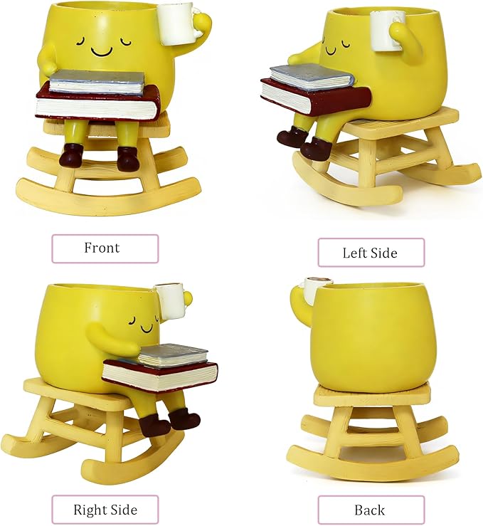 Dolkgy Funny Planters for Indoor Outdoor Plants, Adorable Rocking Chair Drinking Coffee Book Face Plant Pots, Unique Yellow Head Planters Flower Vase Succulent Pots