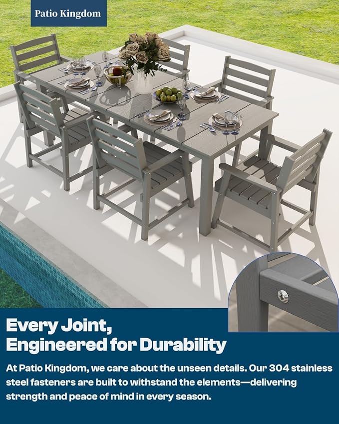 7-Piece Outdoor Dining Set for 6, 75.2" HDPE Patio Table with Umbrella Hole & 6 Chairs, Weather-Resistant Wood-Look Patio Furniture for Garden, Lawn, Deck, or Poolside (Grey)