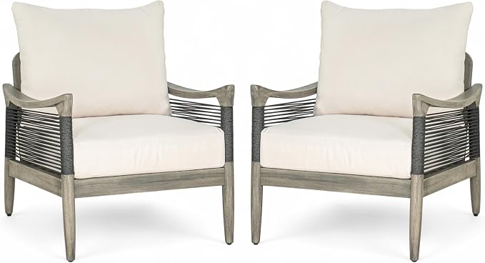 Merax Set of 2 Acacia Wood Patio Club Chairs with Cushions | Grey Acacia Frames, Dark Grey Woven Rope, 6-Inch Seat Cushions And Deep Seating For Porch, Garden, Backyard Or Balcony