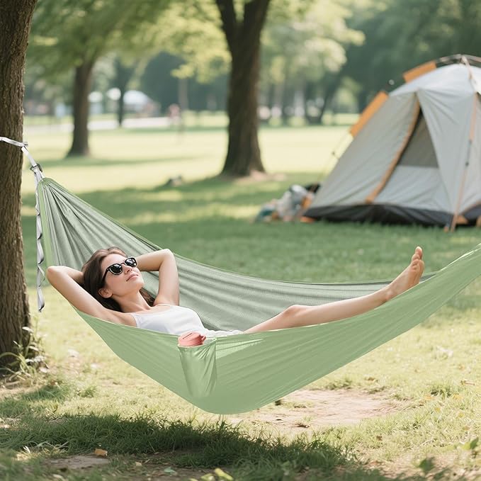 Sage Green Solid Color Camping Hammock, Portable Lightweight Single Hammock with Tree Straps and Aluminum Carabiners, 114" x 54" Travel Hammock for Hiking Backpacking Beach