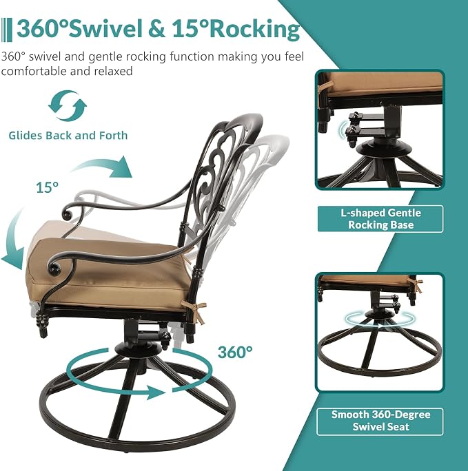 MEETWARM 9-Piece Outdoor Patio Dining Set for 8, All Weather Cast Aluminum Patio Funiture Table and Chairs Set- Large 64" Square Table and 8 Cushioned Swivel Rocker Chairs, 2.2" Umbrella Hole, Khaki