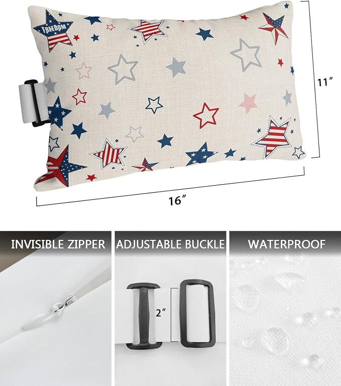 Outdoor Pillows Covers with Inserts 4th of July USA Flag Star Beige Waterproof Recliner Pillow with Adjustable Strap Throw Pillows for Patio Furniture Pool Lounge Chair, 11x16 inch, 1PCS