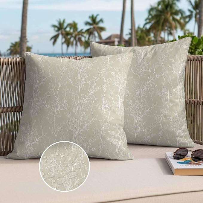 Beige Branches Waterproof Outdoor Pillow Covers Set of 2 Home Decor, Abstract Art Leaves Plant Pillowcase Patio Pillow Covers for Couch Bench Patio Furniture Garden 18x18in