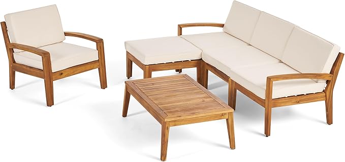 Christopher Knight Home Outdoor Acacia Wood 4-Seater Sectional Conversation Set with Ottoman and Coffee Table, Teak Finish and Beige Cushions