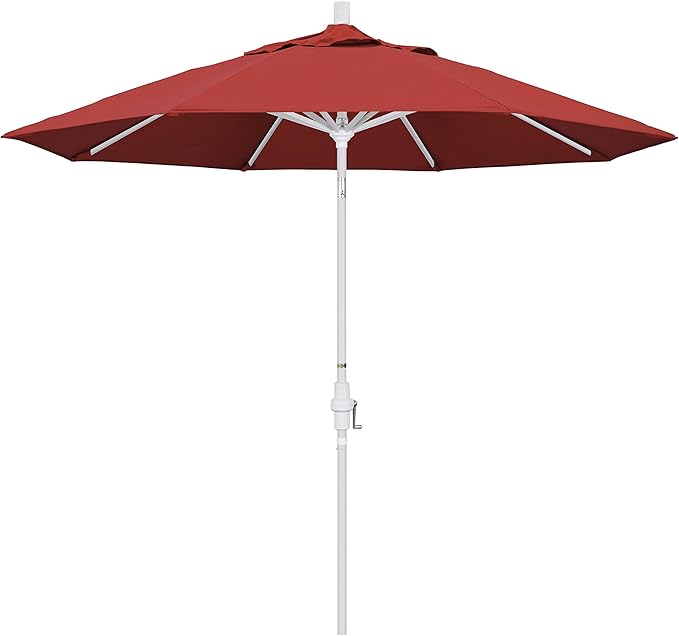 California Umbrella 9' Round Aluminum Market Umbrella, Crank Lift, Collar Tilt, White Pole, Red Olefin