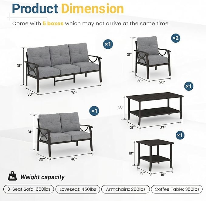 RoyalCraft 6-Pieces Outdoor Patio Furniture Set, Outdoor Metal Sectional Furniture with Cushions, Outdoor Conversation Seating Set with Coffee Table for Balcony, Backyard, Garden, Deck, Grey