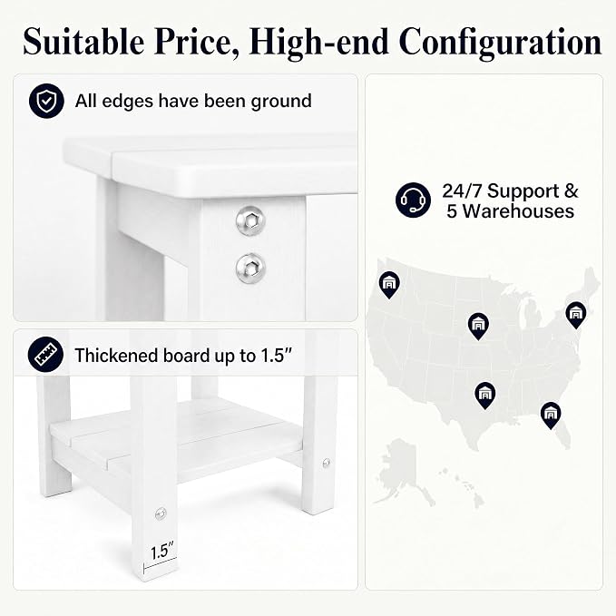 MXIMU Outdoor Side Table 2 Tier: Heavy-Duty Sturdy Warp Resistant Adirondack Table - Wood Grain Finish Outdoor End Tables - Easy Assembly & Low Maintenance Patio Side Table White