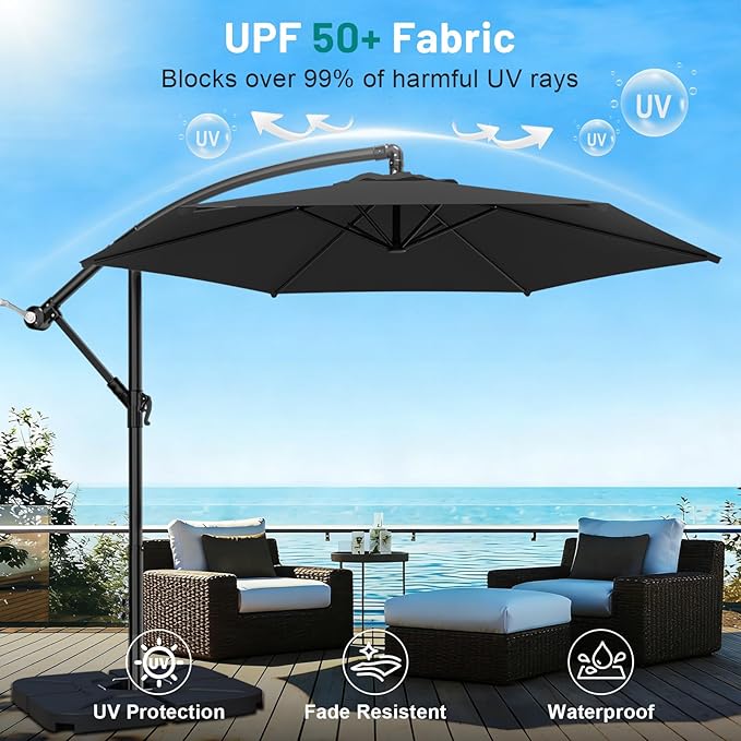 AreShark 10FT Patio Outdoor Umbrella, Offset Patio Umbrella Cantilever Umbrella, 6 Sturdy Ribs, Easy Adjustment for Garden Market Pool with Cross Base (Black)