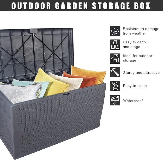 Gray 120 Gal Outdoor Storage Deck Box, Patio Container for Garden Tools, Seat Chest for Backyard Deck Balcony, Patio Storage Chest Deck Box for Cushions, Garden Tool Organizer 47" L x 24" W x 24.8" H