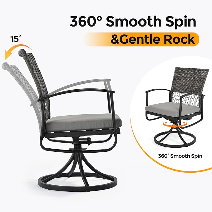 HAPPATIO 7-Piece Patio Dining Set with Wicker Swivel Patio Chairs | Outdoor Dining Set, Powder-Coated Rectangular Dining Table with Umbrella Hole, Removable Cushions for Outside Lawn, Garden,